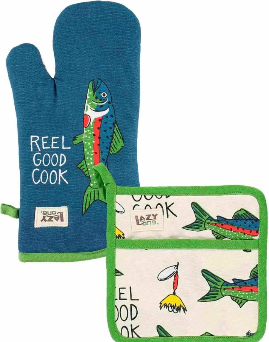 Lazy One Bear Oven Mitt and Pot Holder Set - Funny Kitchen Accessories, Cute Baking Mittens, Heat Resistant Glove and Hot Pad for Home Cooking