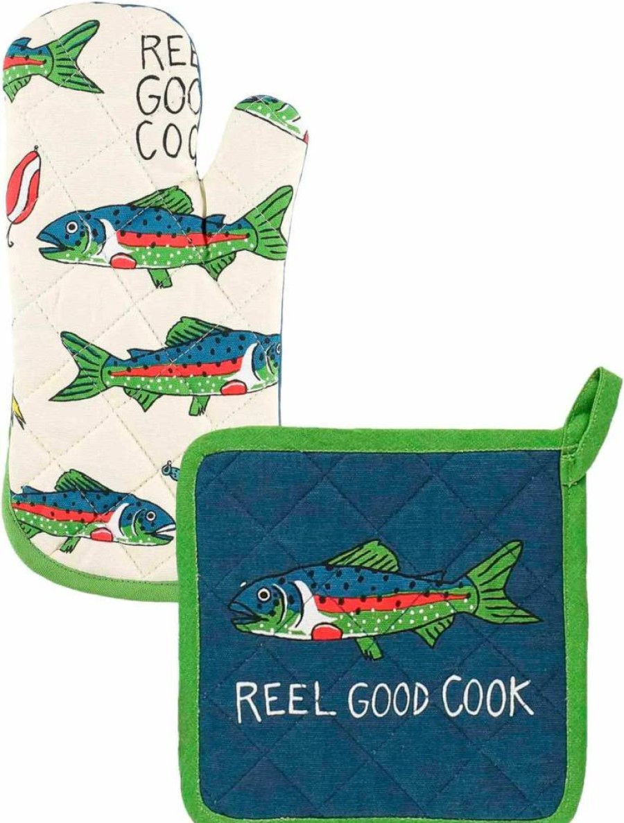 Lazy One Funny Fish Oven Mitt and Pot Holder Set - Cute Kitchen Accessories, 1 Oven Glove & 1 Hot Pad for Home Baking and Cooking